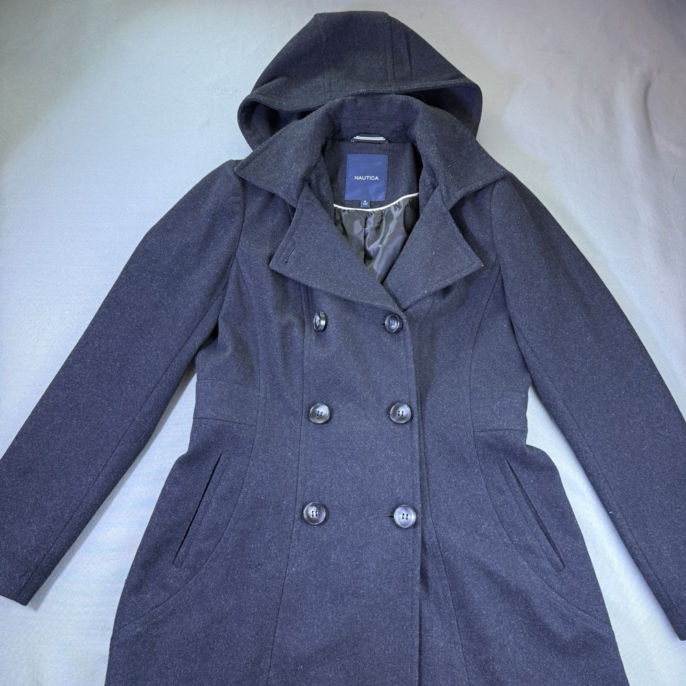 Nautica Women's  Double Breasted Gray Peacoat With Removeable Hood Wool Blend‎ M